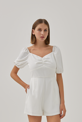 Ellia Ruched Sweetheart Romper in White
