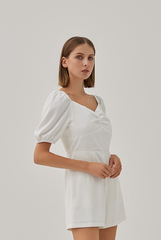 Ellia Ruched Sweetheart Romper in White