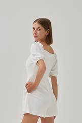 Ellia Ruched Sweetheart Romper in White