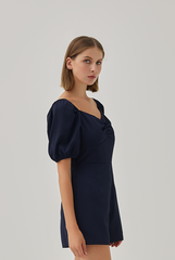 Ellia Ruched Sweetheart Romper in Navy Blue
