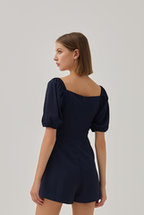 Ellia Ruched Sweetheart Romper in Navy Blue