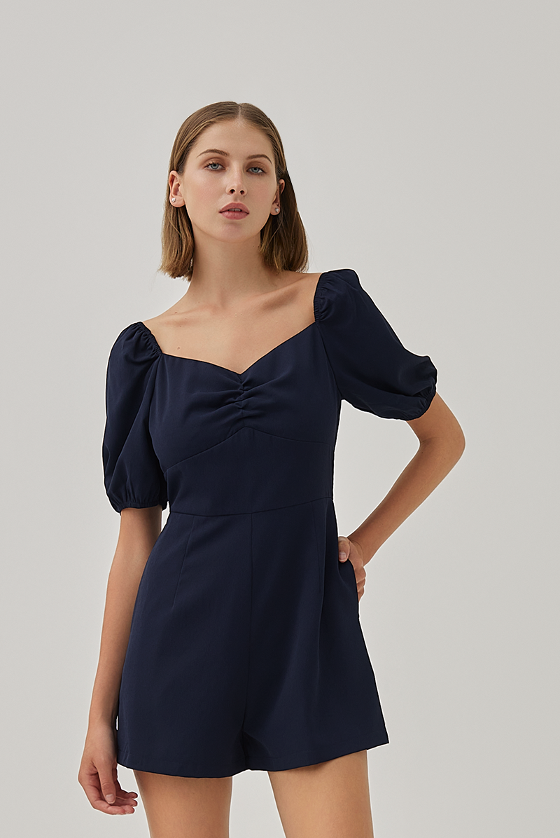 Ellia Ruched Sweetheart Romper in Navy Blue