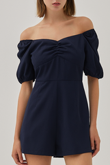 Ellia Ruched Sweetheart Romper in Navy Blue