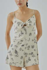 Kaelie Front Knotted Floral Doodle Print Romper