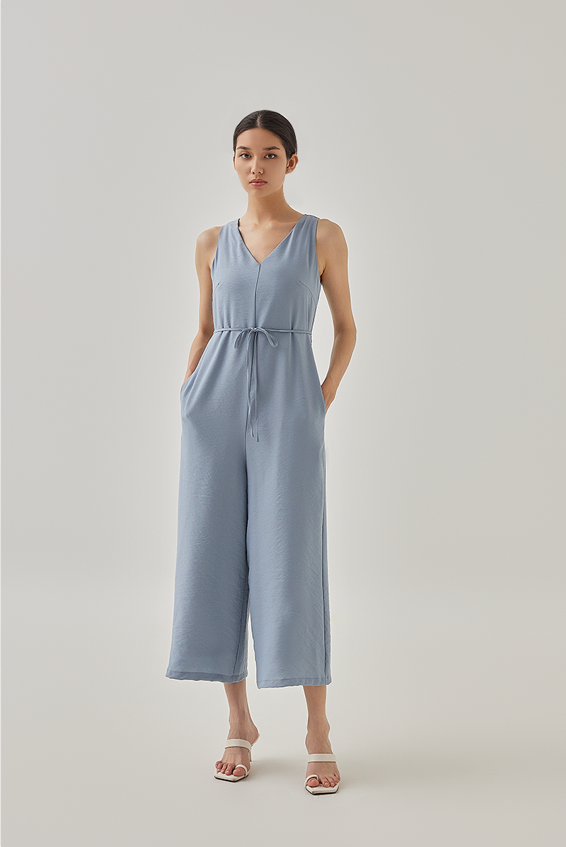 Reagan Sleeveless V-Neck Jumpsuit in Dusty Blue