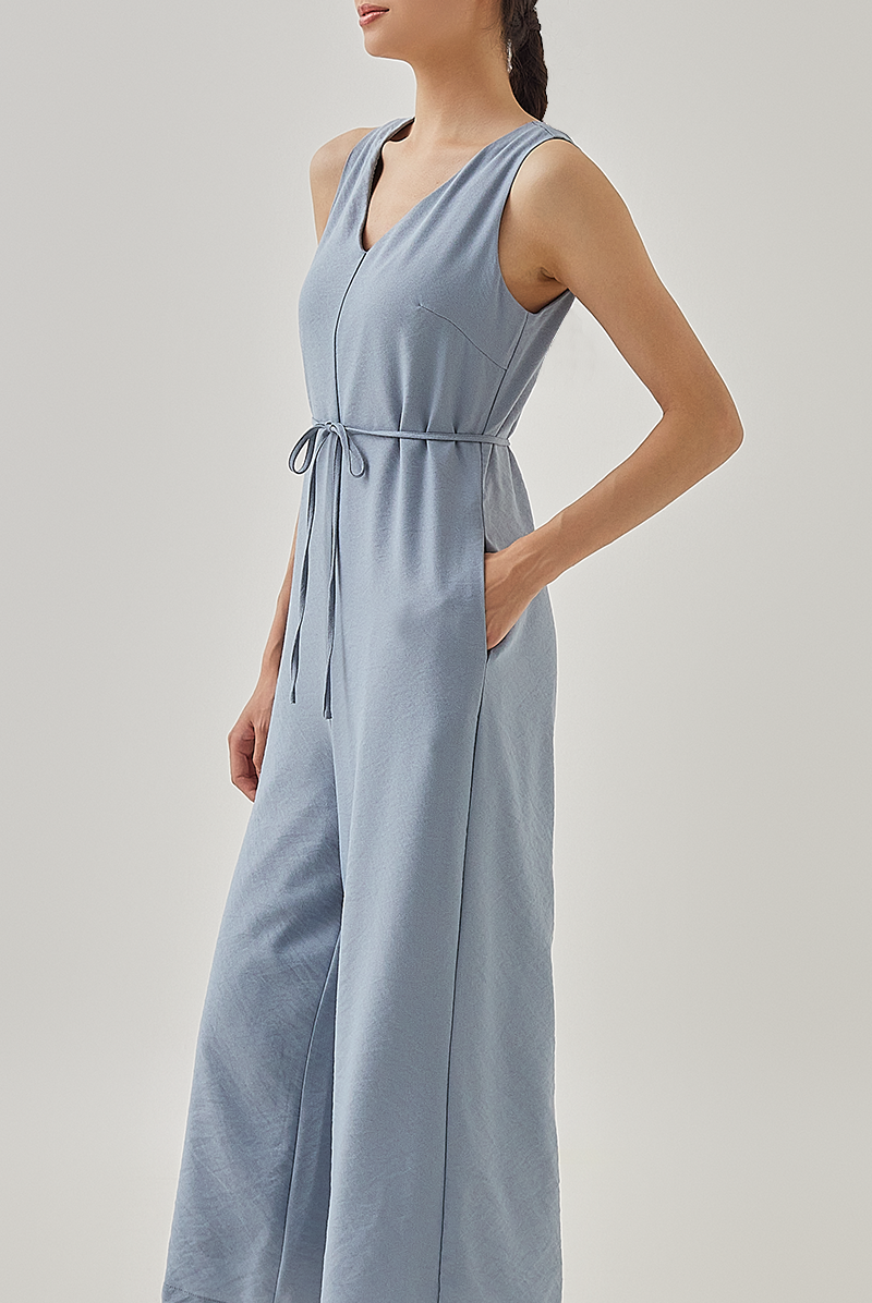Reagan Sleeveless V-Neck Jumpsuit in Dusty Blue