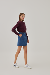Jade Patch Pockets Denim Skirt in Mid Blue