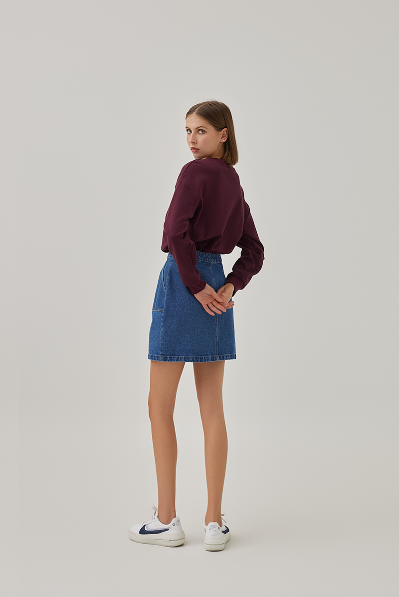 Jade Patch Pockets Denim Skirt in Mid Blue