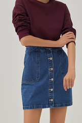 Jade Patch Pockets Denim Skirt in Mid Blue