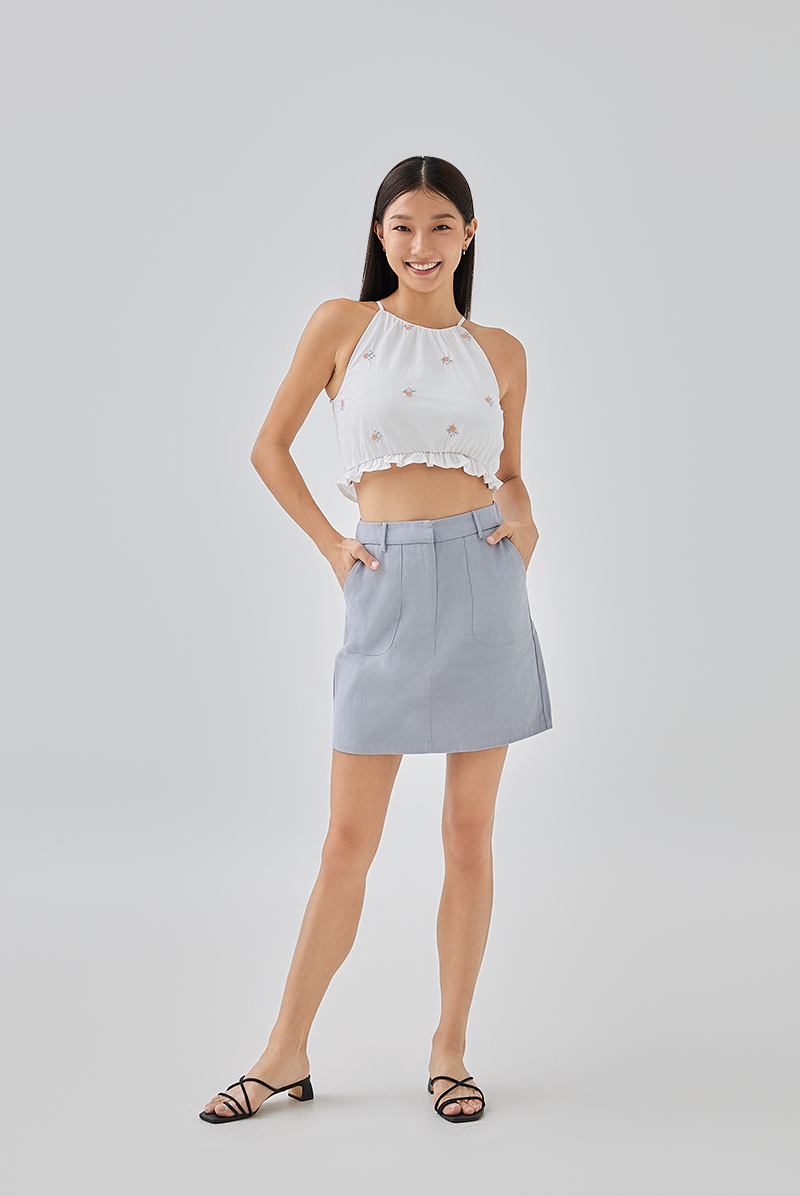 Tanya Patch Pocket A-line Skirt in Dusty Blue
