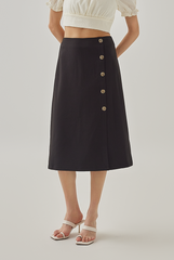 Macie Side Button Midi Skirt in Black