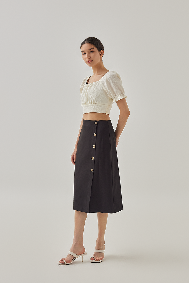 Macie Side Button Midi Skirt in Black