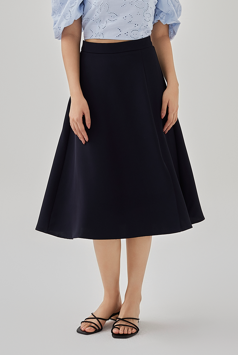 Gizelle Front Slit A-Line Skirt in Navy Blue