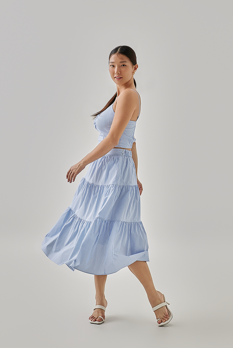 Hillary Striped Tiered Skirt in Chambray Blue
