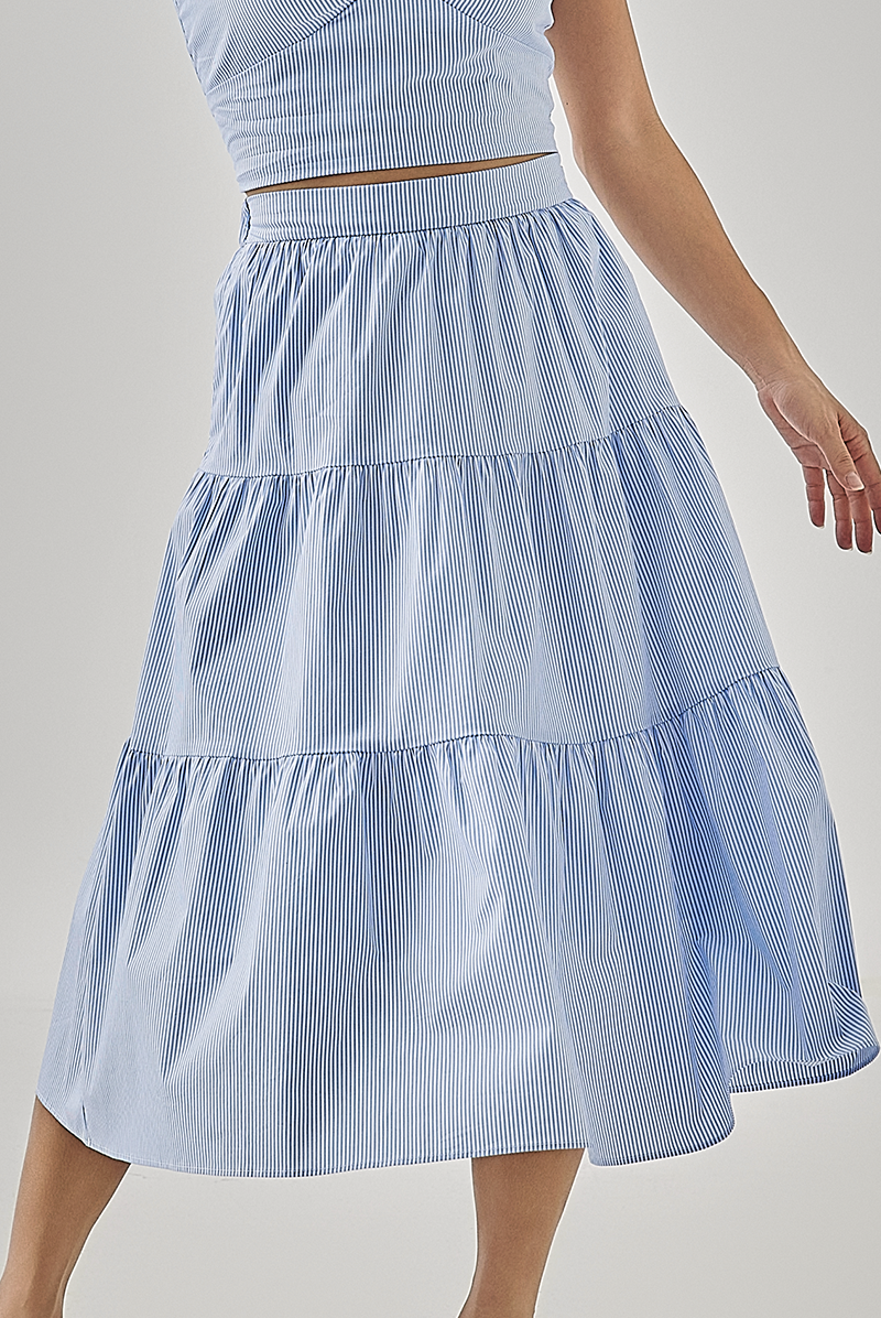 Hillary Striped Tiered Skirt in Chambray Blue