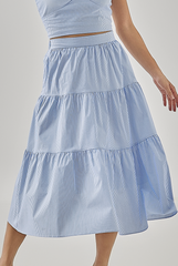 Hillary Striped Tiered Skirt in Chambray Blue