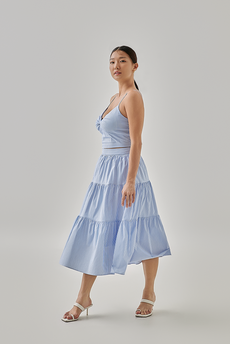Hillary Striped Tiered Skirt in Chambray Blue