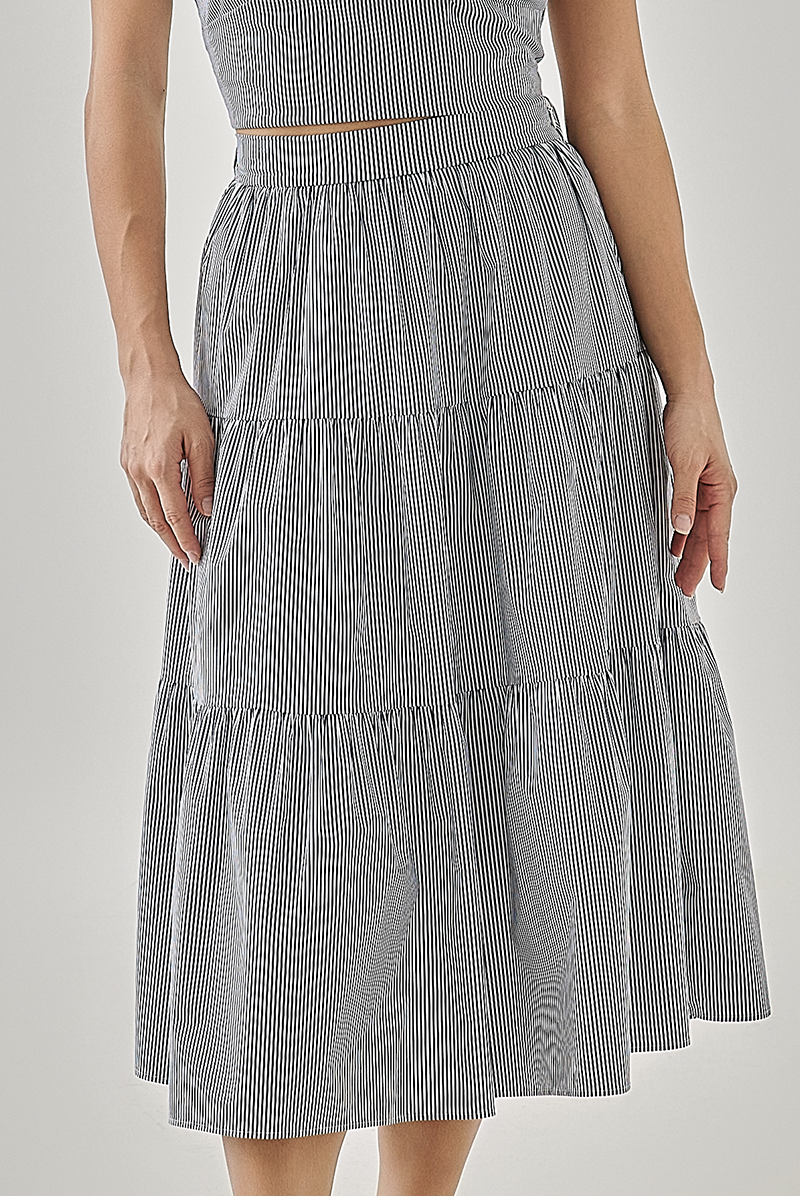 Hillary Striped Tiered Skirt in Navy Blue