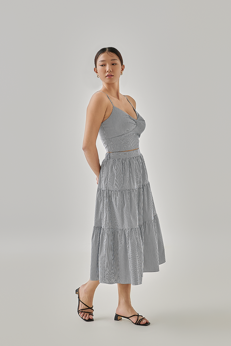 Hillary Striped Tiered Skirt in Navy Blue