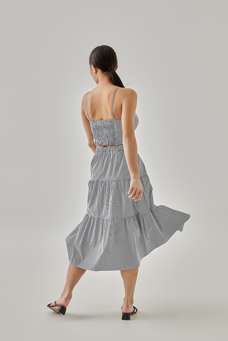 Hillary Striped Tiered Skirt in Navy Blue