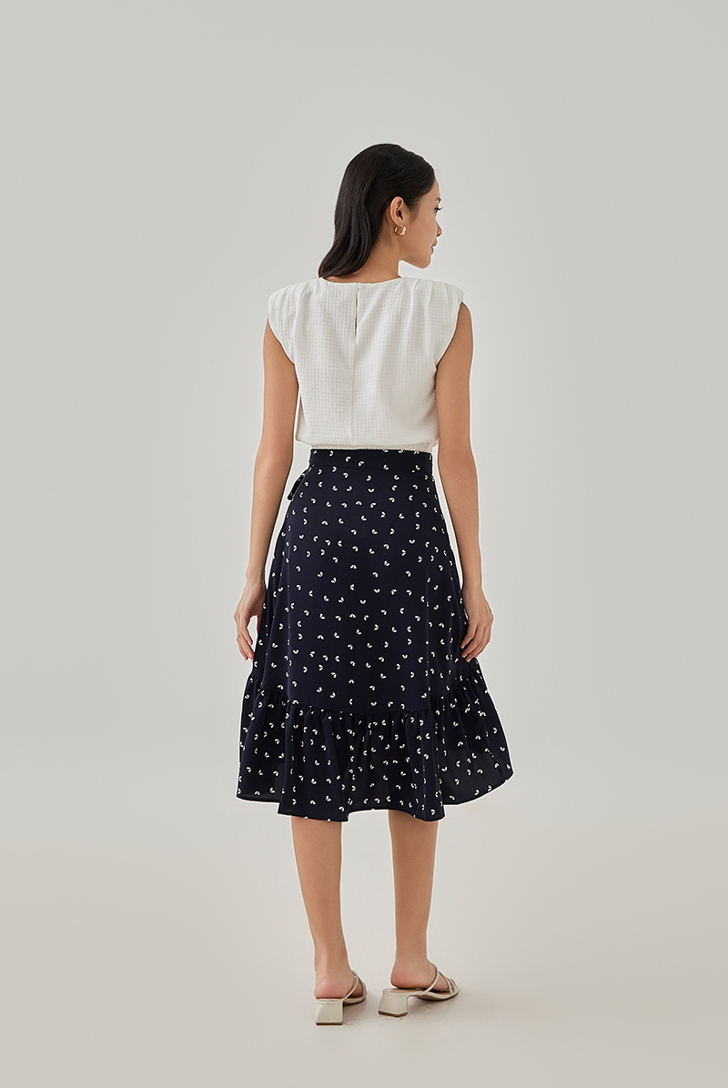 Antonina Printed High-Low Wrap Skirt in Navy Blue