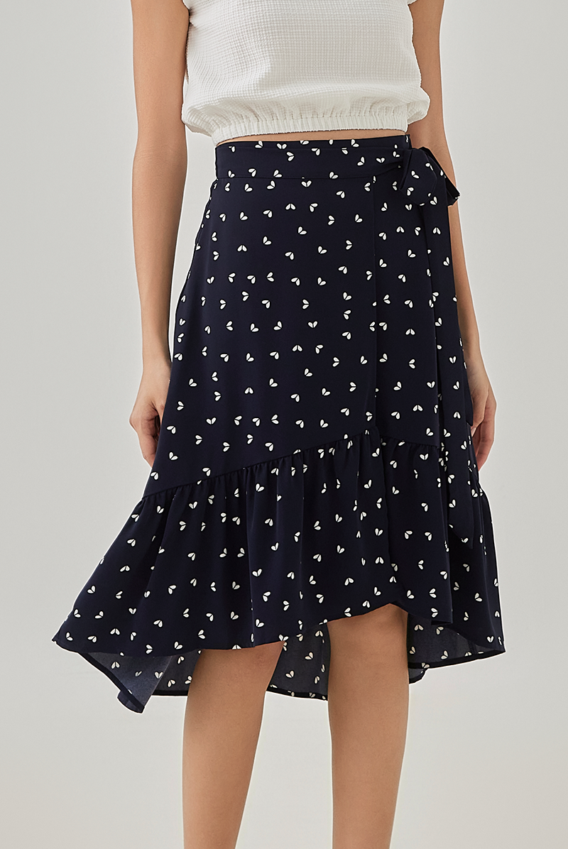 Antonina Printed High-Low Wrap Skirt in Navy Blue