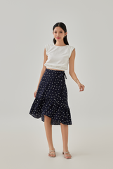 Antonina Printed High-Low Wrap Skirt in Navy Blue