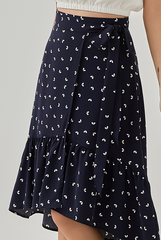 Antonina Printed High-Low Wrap Skirt in Navy Blue