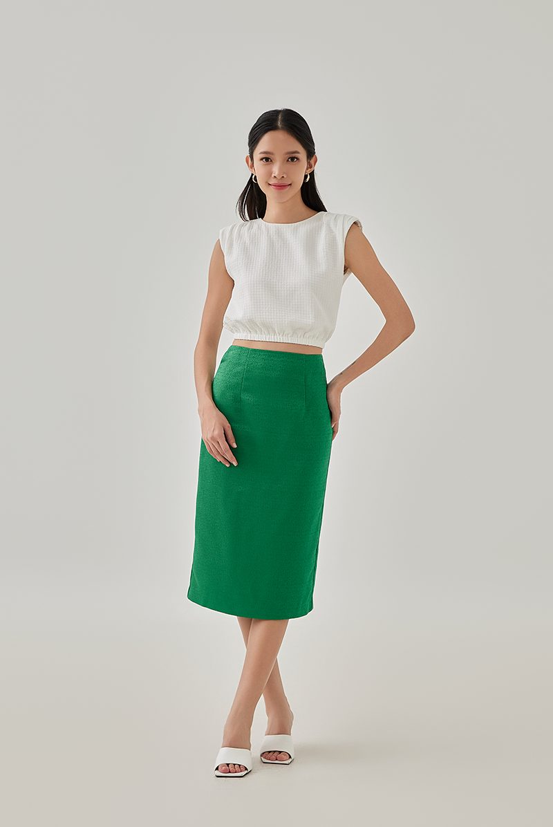 Abby Textured Back Slit Pencil Skirt in Green
