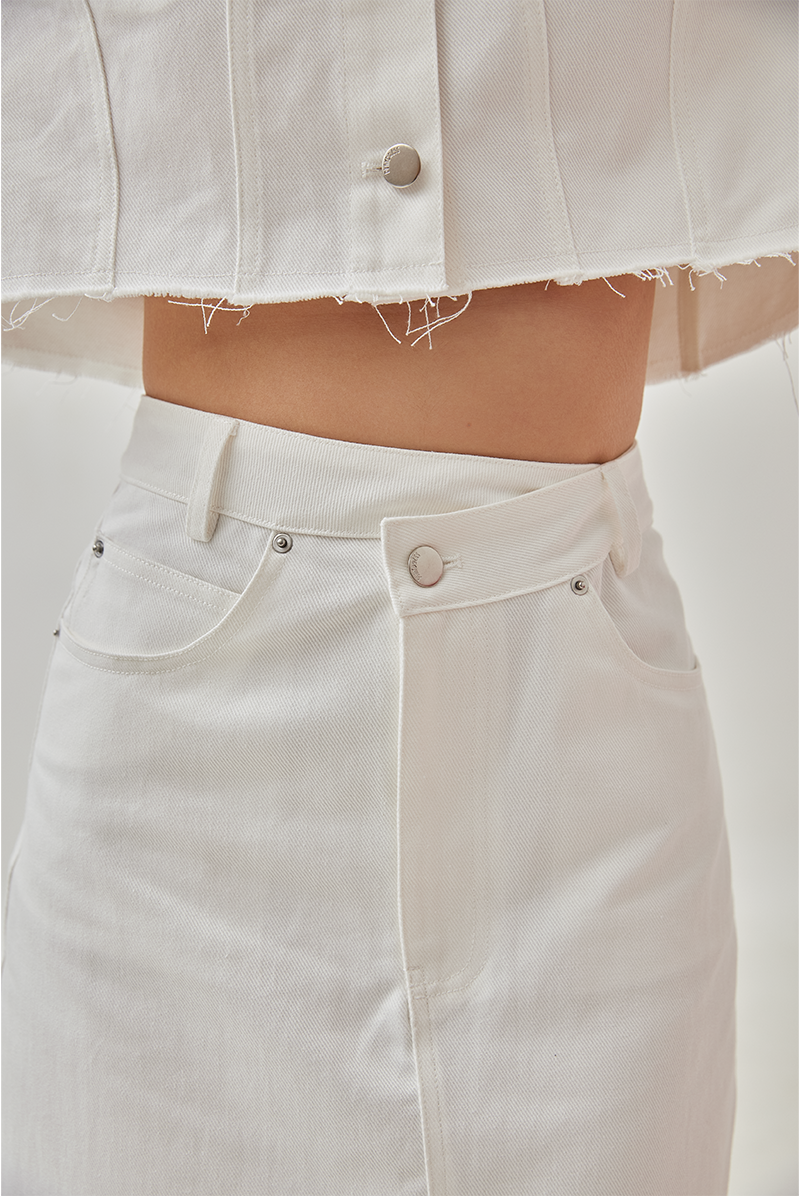 Natalie Asymmetrical Waist Denim Skirt in Cream