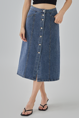 Cherie Denim Button-Up Skirt in Dark Denim