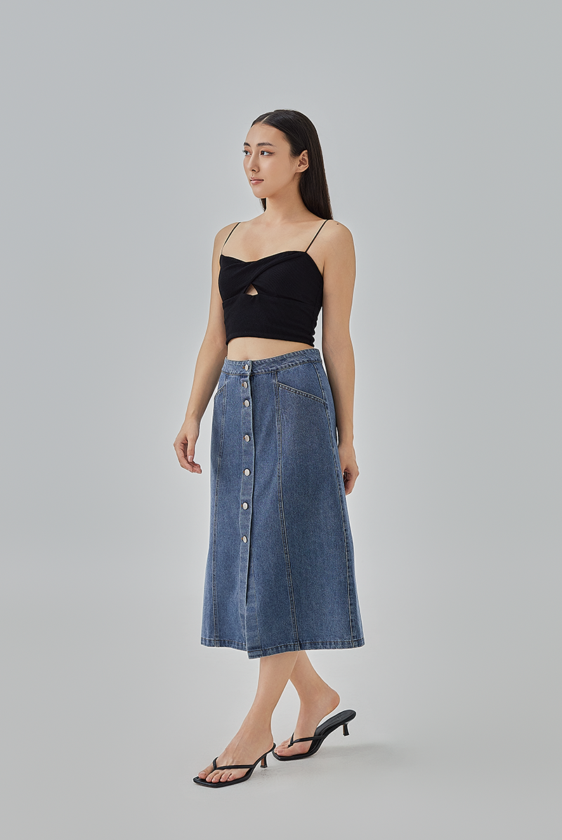 Cherie Denim Button-Up Skirt in Dark Denim