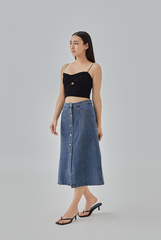 Cherie Denim Button-Up Skirt in Dark Denim