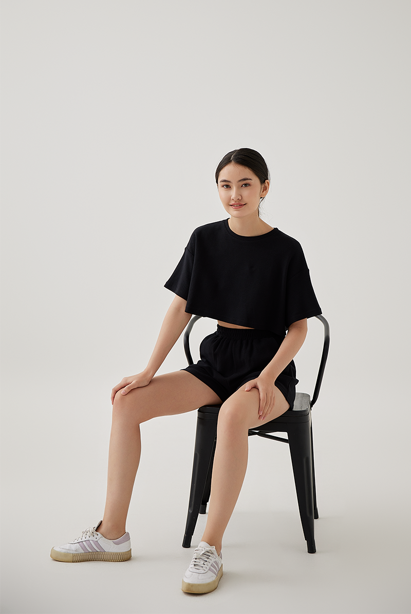 Kaia Textured High Waisted Shorts in Black