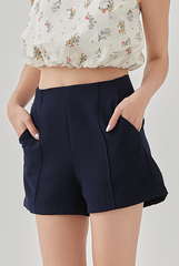 Kayleen Pleated Detail Shorts in Dark Blue