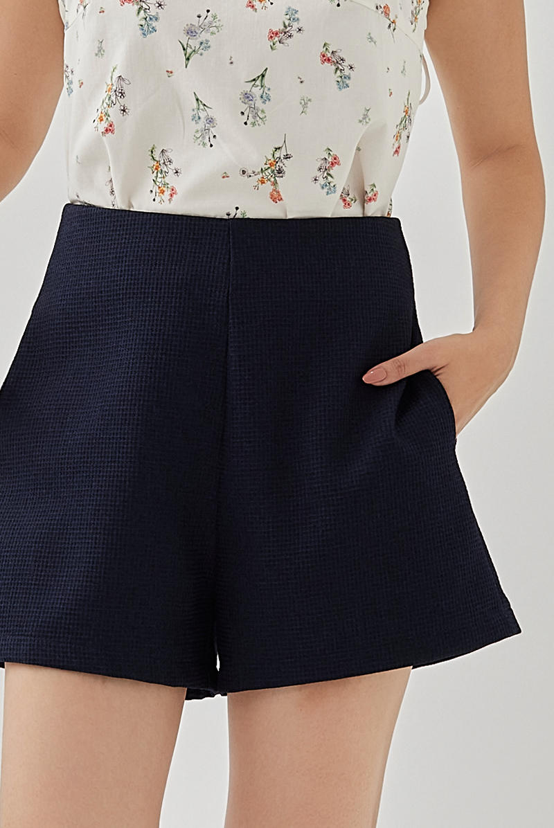 Fay High Waisted Textured Shorts in Navy Blue