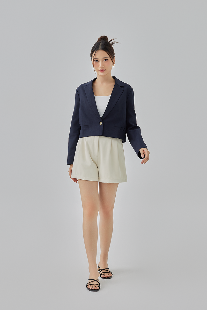 Kelyn Cropped Single Button Blazer in Navy Blue