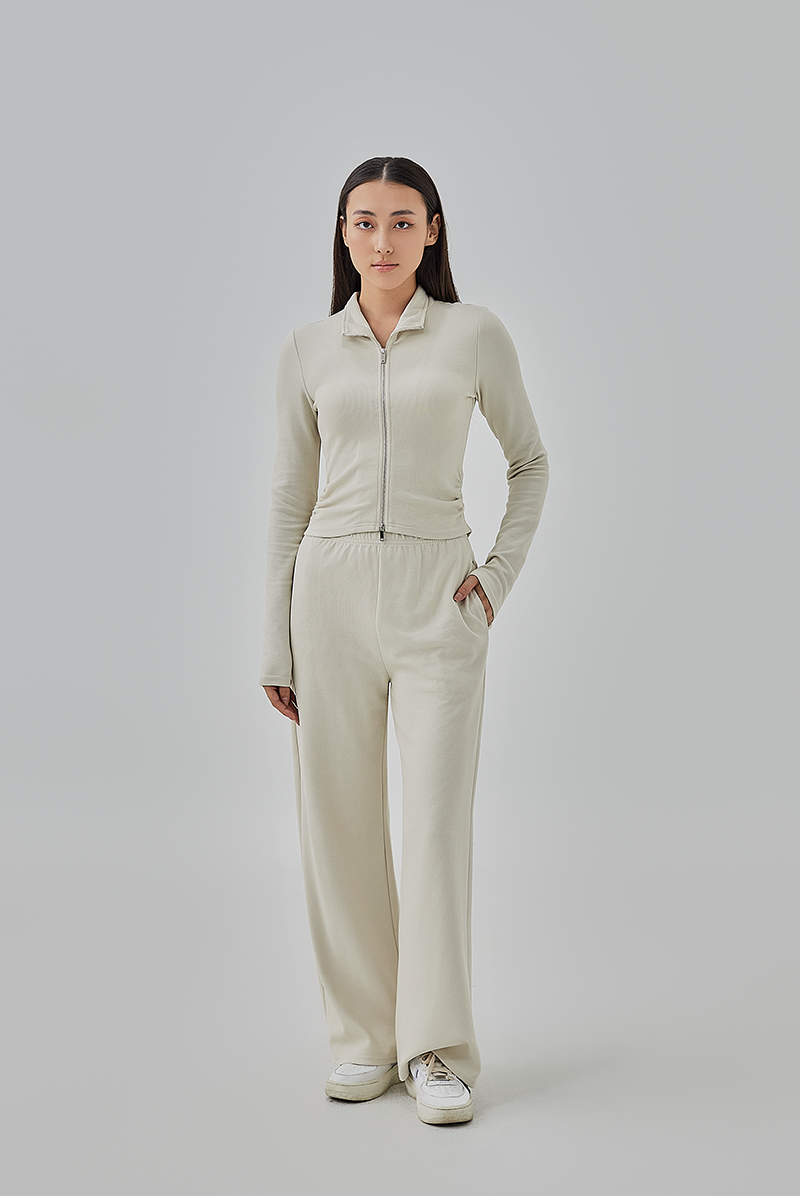 Mika Two-Way Zipper Fitted Knit Jacket in Oat