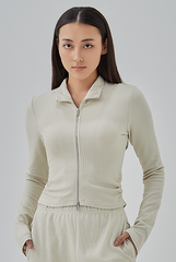 Mika Two-Way Zipper Fitted Knit Jacket in Oat