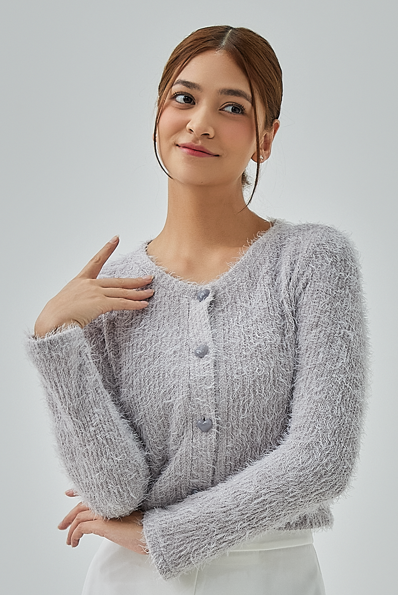Auslyn Furry Knit Heart Button-Up Cardigan