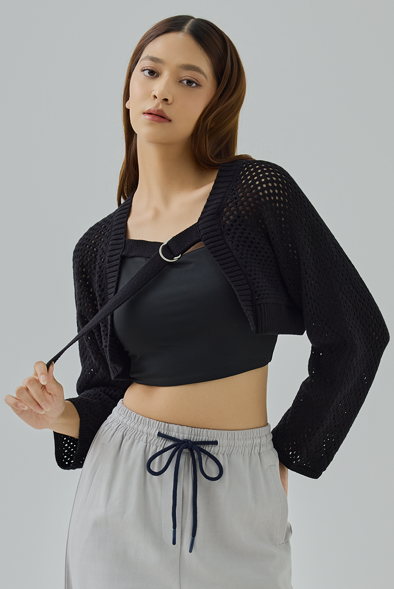 Tate Buckle-Front Knit Shrug Cardigan