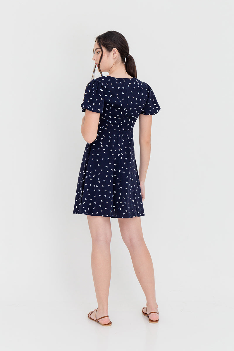 Antonina Printed Button Dress in Navy Blue