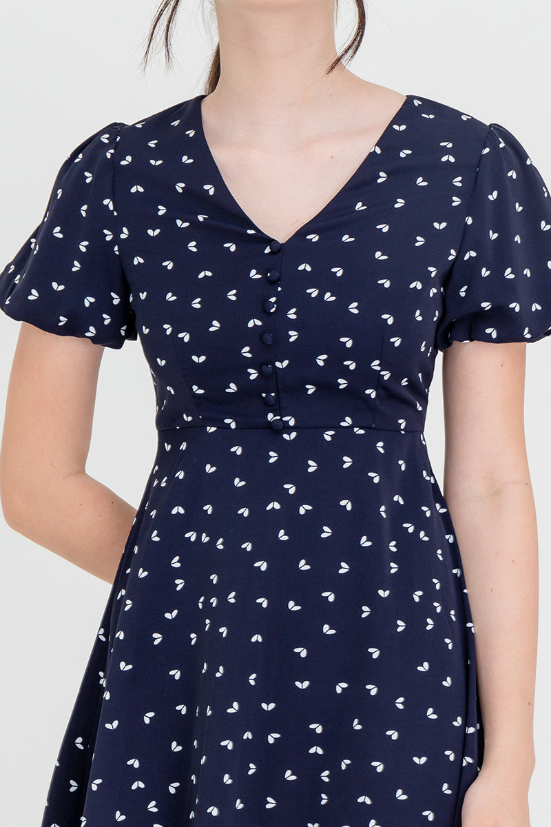 Antonina Printed Button Dress in Navy Blue