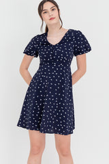 Antonina Printed Button Dress in Navy Blue