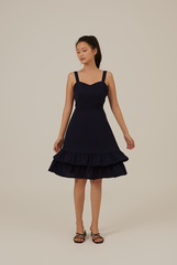 Judy Sweetheart Ruffle Dress in Navy Blue