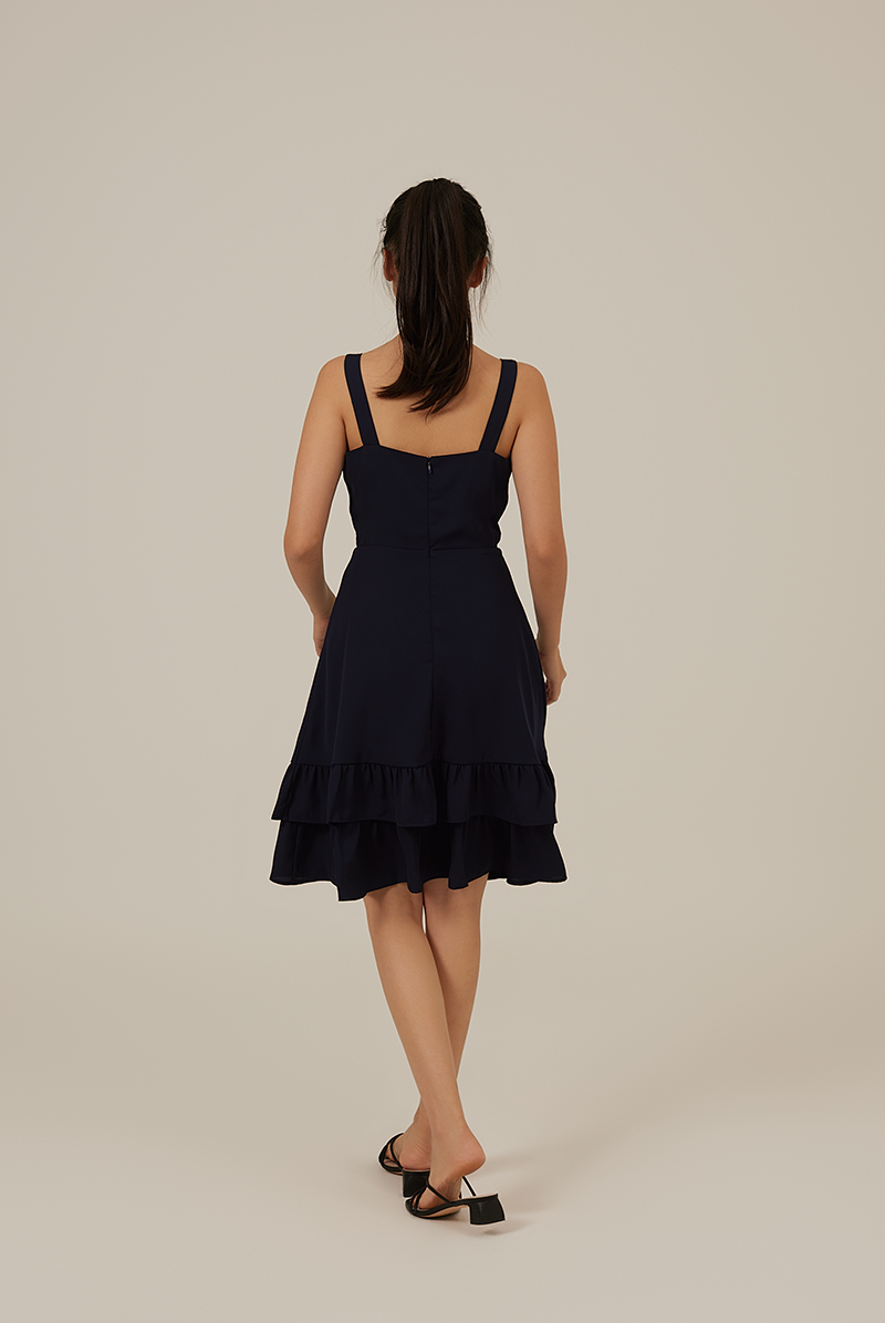 Judy Sweetheart Ruffle Dress in Navy Blue