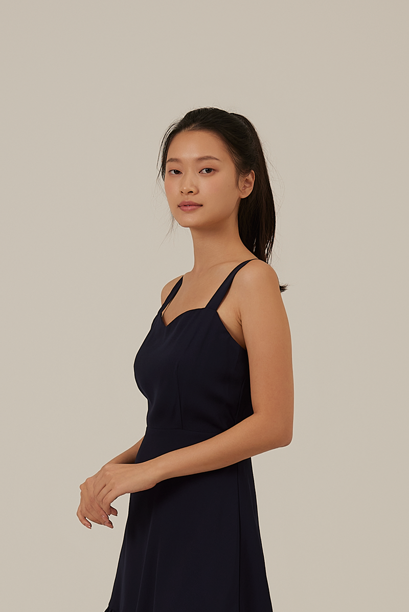 Judy Sweetheart Ruffle Dress in Navy Blue