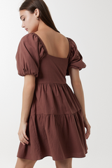 Yolanda Puff Sleeve Tiered Dress in Brown