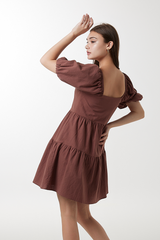 Yolanda Puff Sleeve Tiered Dress in Brown