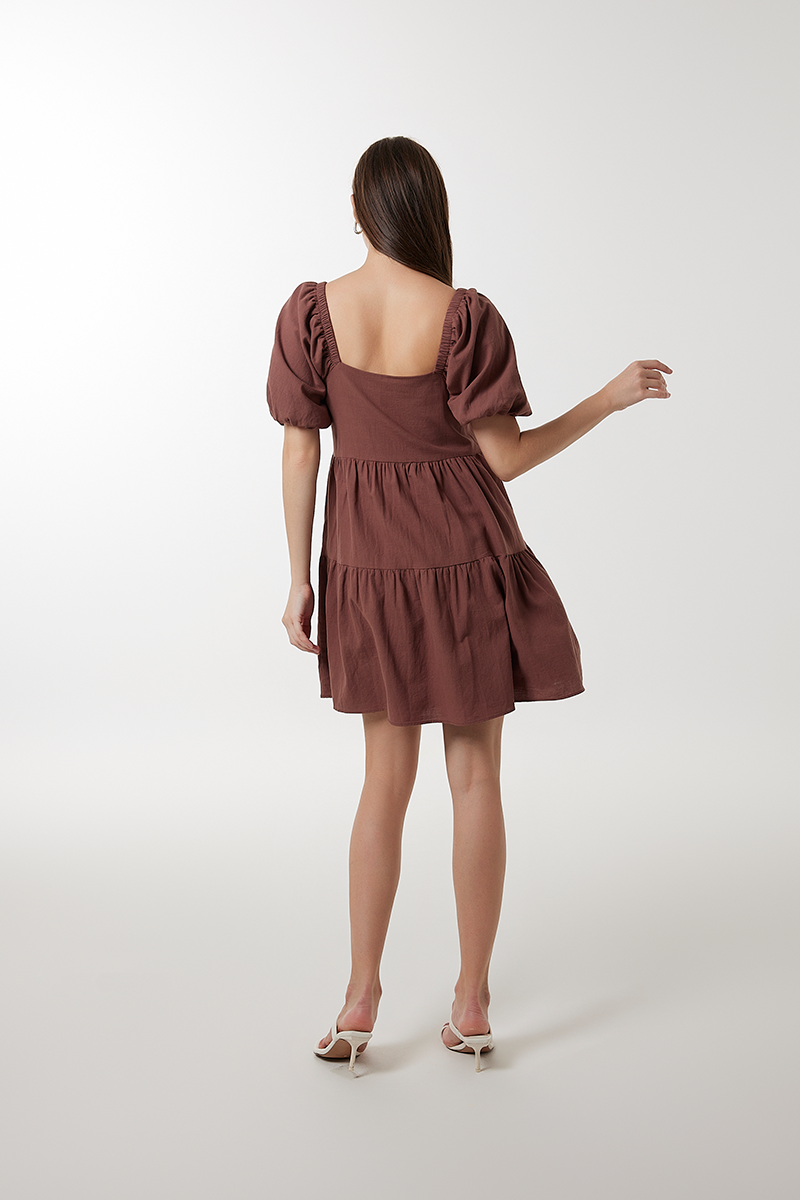 Yolanda Puff Sleeve Tiered Dress in Brown